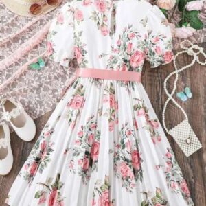 baesd girls floral print round neck short puff sle