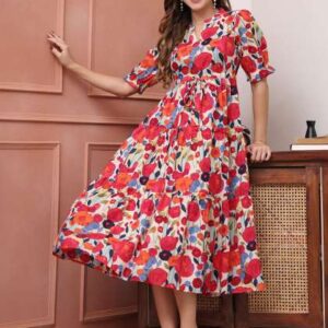 claura women cotton floral print puff sleeve fit