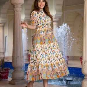 kalini print puff sleeve fit flare maxi dress