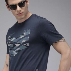 roadster men navy blue printed round neck pure cot