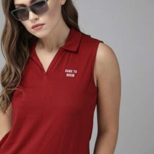 roadster women burgundy solid polo collar pure cot