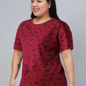 roadster women maroon black printed round neck pu