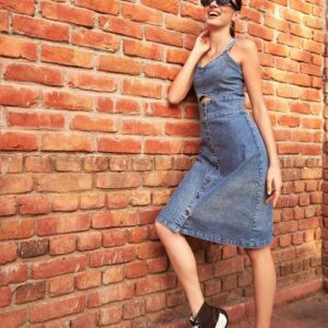 sassafras blue cutout denim sheath dress